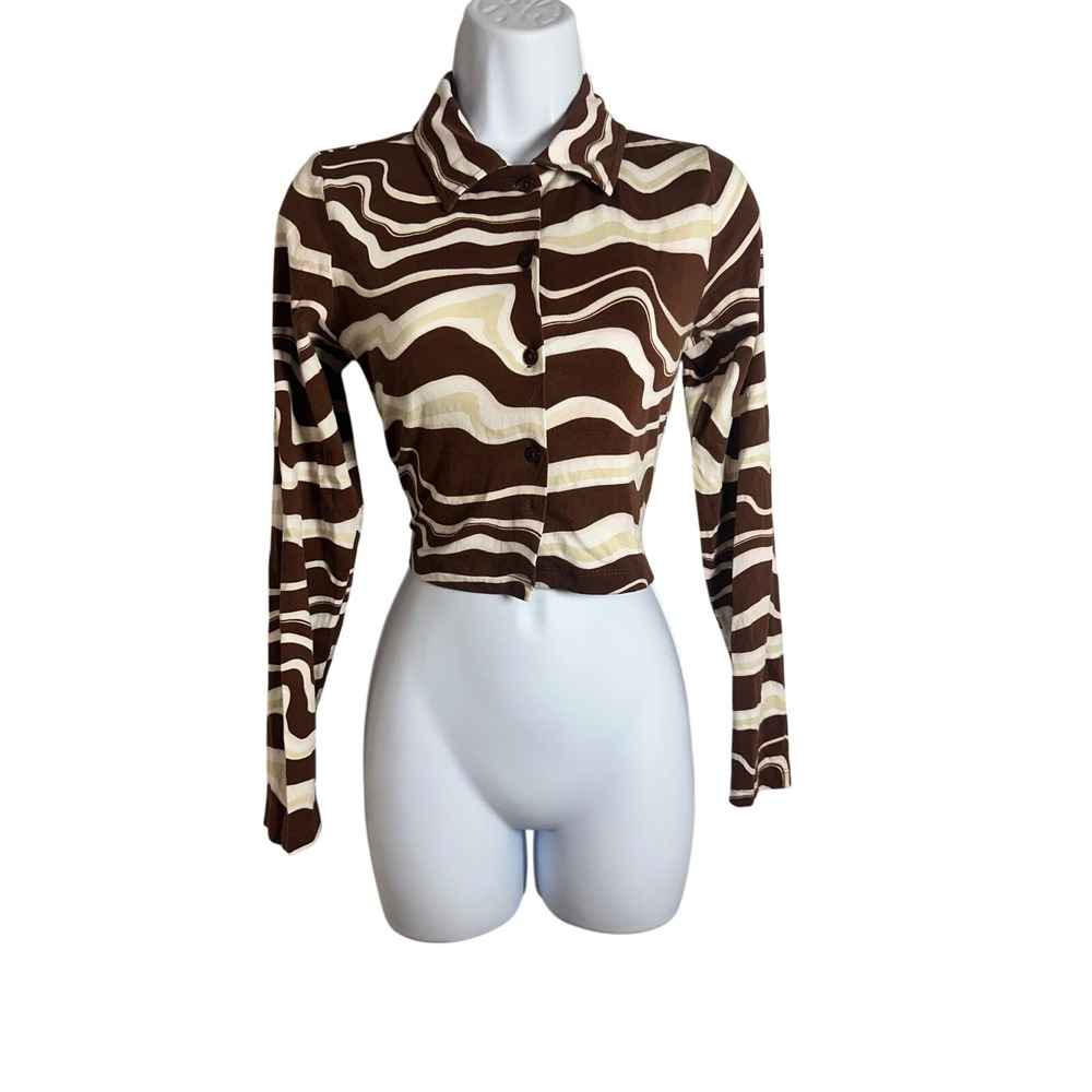 Collusion Brown Abstract Swirl Print Cropped Button Down Top US 6 Long Sleeve